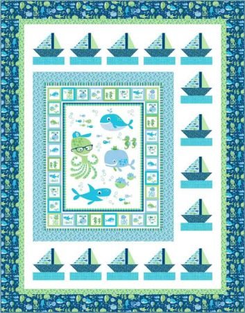Top US quilting blog & shop, Kate Colleran Designs, shares about a sailboat quilt pattern Sail Away and a cute batik crib quilt! Image is of a twin quilt in blues and greens with fish and sailboats.