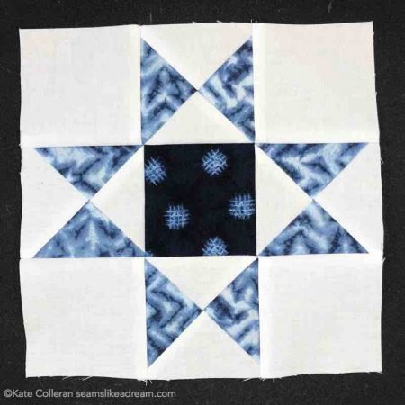 Hexie Sampler Center block in blue and white