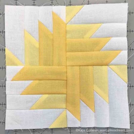Adventure Quilt Along Project block 3 featured by top US quilting blog and shop, Seams Like a Dream Quilt Designs: Block 3 in light gold and dark gold