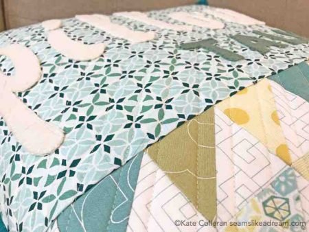 Text It! Book review featured by top US quilting blog and shop, Seams Like a Dream Quilt Designs: close up of quilting and letters on pillow