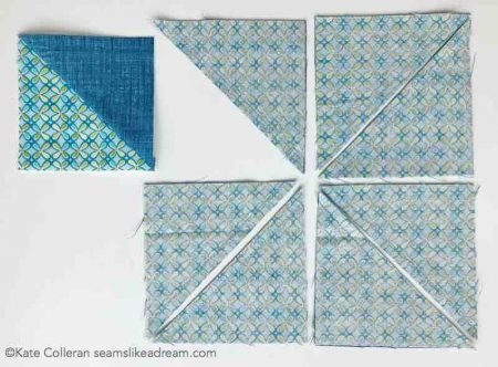 Easy Half Square Triangle Units tutorial featured by top US quilting blog and shop, Seams Like a Dream Quilt Designs: Cut along the diagonal  twice and you will have 8 HST units.
