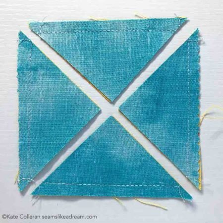 Easy Half Square Triangle Units tutorial featured by top US quilting blog and shop, Seams Like a Dream Quilt Designs: Cut along the diagonal  twice and you will have 4 HST units.