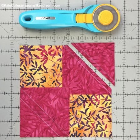 Place 2 squares on 2 opposite corners first, sew on the lines and trim the seam allowance.