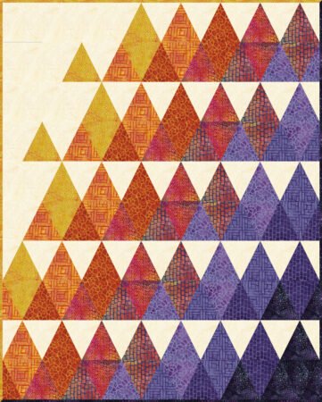 Top US quilting blog and shop, Kate Colleran Designs, shares about the Broken Glass and her projects in the batik fabrics! Image is a quilt made of triangles using yellow, oranges, prints and purple fabrics