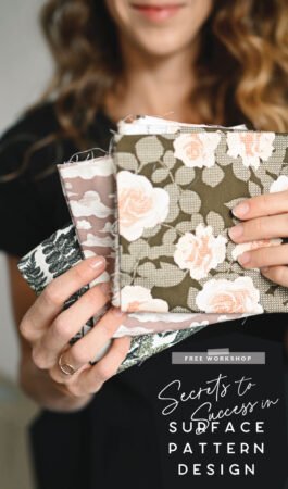 Top US quilting blog and shop, Kate Colleran Designs, shares about fabric design, her journey and Bonnie Christine's free course! Image is a woman holding floral fabric in browns, peach and off white.