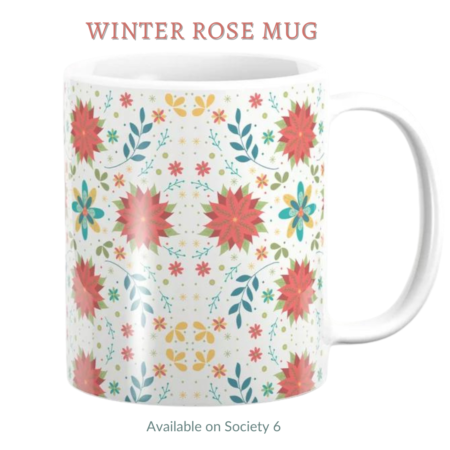 Top US quilting blog and shop, Kate Colleran Designs, shares about fabric design, her journey and Bonnie Christine's free course! Image is a coffee mug with red and green flowers, teal leaves and blue and yellow flowers.