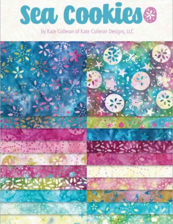 Top US quilting blog & shop, Kate Colleran Designs, shares about a sailboat quilt pattern Sail Away and a cute batik crib quilt! Image is of a fabric line header with blue, pink and green fabrics with a seashell theme