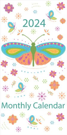 Colorful butterfly wall calendar featuring a large butterfly and flowers in teal, aqua, orange, pink and green by Kate Colleran Designs