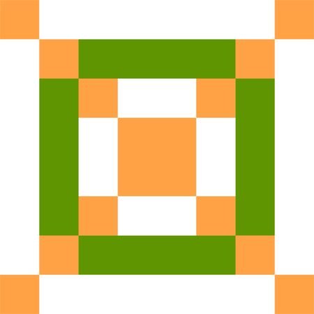 Top US quilting blog and shop, Kate Colleran Designs, shares her January Quilt Block Remix Challenge reveal. Image is a quilt block of squares and rectangles in orange, green and white. 