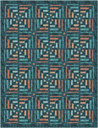 Top US quilting blog and shop, Kate Colleran Designs, shares about new batik fabric and her Breakout quilt in them! Quilt shown is a modern log cabin with a dark background in peach and teal batik fabrics.