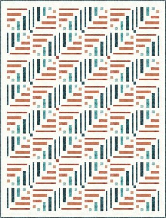 Top US quilting blog and shop, Kate Colleran Designs, shares about new batik fabric Morris Tiles and her Breakout quilt in them! Quilt shown is a modern log cabin with a light background in peach and teal batik fabrics.