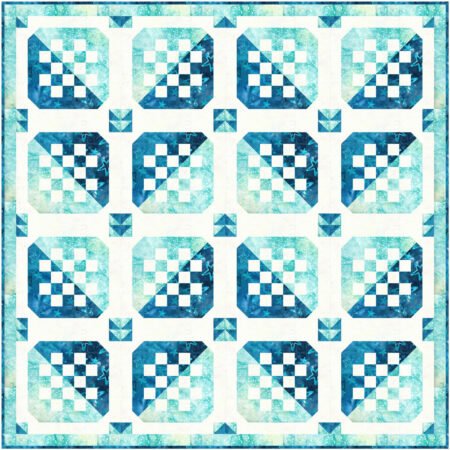 Top US quilting blog and shop, Kate Colleran Designs, shares her January Quilt Block Remix Challenge reveal. Image is a quilt with blocks with squares and rectangles in light blue, dark blue and white batiks.