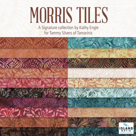Top US quilting blog and shop, Kate Colleran Designs, shares about new batik fabric Morris Tiles and her Breakout quilt in them! Image of a fabric header showing all the batik fabrics in the collections- browns, teals and peach colors.
