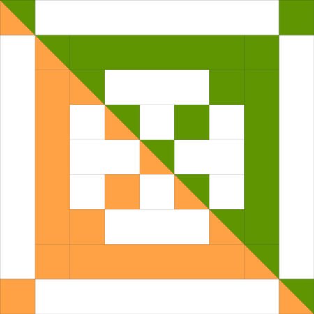 Top US quilting blog and shop, Kate Colleran Designs, shares about her January Quilt Block Remix Sneak Peek #2! Image of a quilt block using squares and rectangles in orange, green and white.