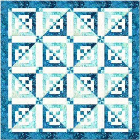 Top US quilting blog and shop, Kate Colleran Designs, shares about her January Quilt Block Remix Sneak Peek #2! Image of a quilt using quilt blocks made up of squares and rectangles in dark blue light blue and off white batiks.