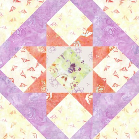 Top US quilting blog and shop, Kate Colleran Designs, shares about her February Quilt Block Sneak Peek #2. Image is of a quilt block in yellow, lavender and orange batiks.