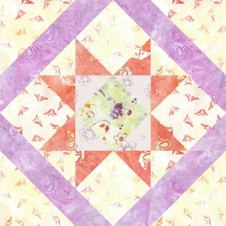 Top US quilting blog and shop, Kate Colleran Designs, shares about her February Quilt Block Sneak Peek #2. Image is of a quilt block in yellow, lavender and orange batiks.