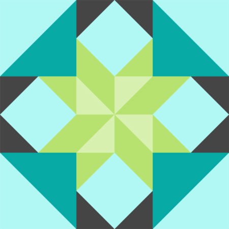 Top US quilting blog and shop, Kate Colleran Designs, reveals her February Remix Quilt Block! Image is of a star quilt block in green, black, aqua and teal.
