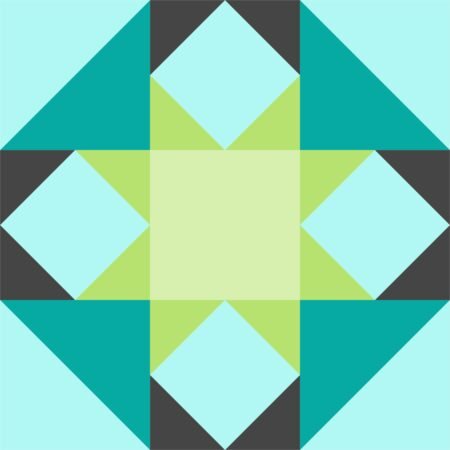 Top US quilting blog and shop, Kate Colleran Designs, shares about her February Quilt Block Sneak Peek #2. Image is of a quilt block in teal, green, black and blue solid fabrics.
