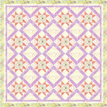 Top US quilting blog and shop, Kate Colleran Designs, shares about her February Quilt Block Sneak Peek #2. Image is of a quilt with blocks in yellow, lavender, orange and green batiks.