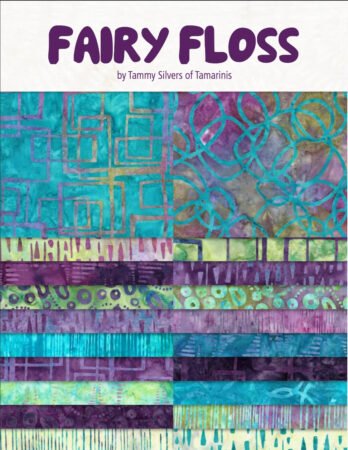 Header of batik line showing all the SKUs of Fairy Floss in purple, blue and green batiks