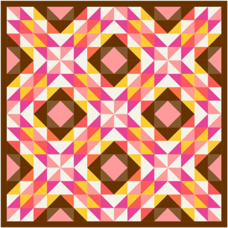 Top US quilting blog and shop, Kate Colleran Designs, shares about her April quilt block remix and sneak peek #1! Image is a quilt made using a blocks of HST units in pink, yellow, orange, brown and off white solids.