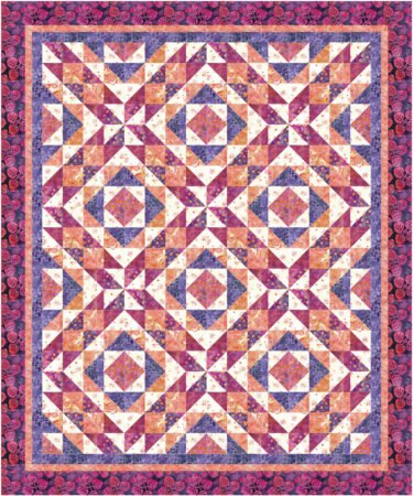 Top US quilting blog and shop, Kate Colleran Designs, shares about her April quilt block reveal! Image of a quilt with stars in magenta, orange, purple and off white batiks.