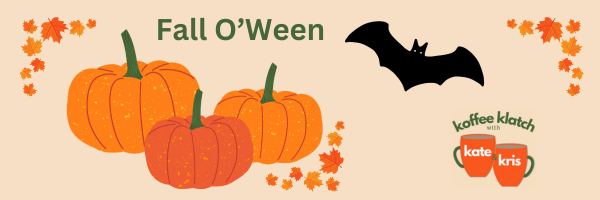 Top US quilting blog and shop, Kate Colleran Designs, shares about her new quilt along called Fall O'Ween! Image is a banner for the Fall O'Ween quilt along with pumpkins, a bat, leaves and coffee mugs in orange and green.
