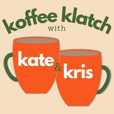 Top US quilting blog and shop, Kate Colleran Designs, shares about her new quilt along called Fall O'Ween! Image is the Koffee Klatch logo showing 2 coffee cups in orange with green handles with the names Kate and Kris in white lettering.
