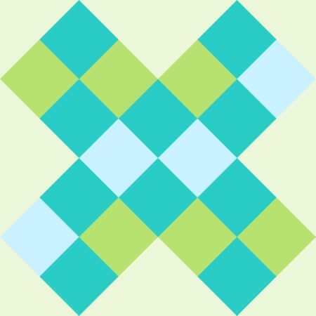 Top US quilting blog and shop, Kate Colleran Designs, shares about the June quilt block remix and the Monkey Wrench quilt block. Image is a digital quilt block made up of squares on point in aqua, light blue and bright green with a light green background.