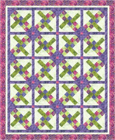 Top US quilting blog and shop, Kate Colleran Designs, shares about her June quilt block remix and reveals her new block! Image is a digital version of a quilt using squares and rectangles in magenta, purple, and green batiks.