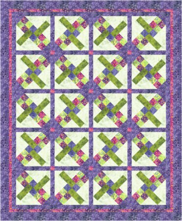 Top US quilting blog and shop, Kate Colleran Designs, shares about her June quilt block remix and reveals her new block! Image is a digital version of a quilt using squares and rectangles in magenta, purple, and green batiks.