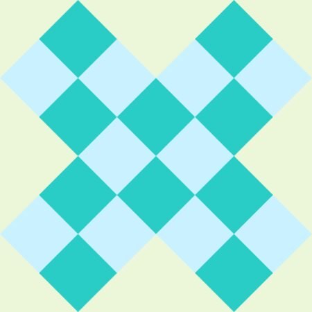 Top US quilting blog and shop, Kate Colleran Designs, shares about the June quilt block remix and the Monkey Wrench quilt block. Image is a digital quilt block made up of squares on point in aqua and light blue with a light green background.