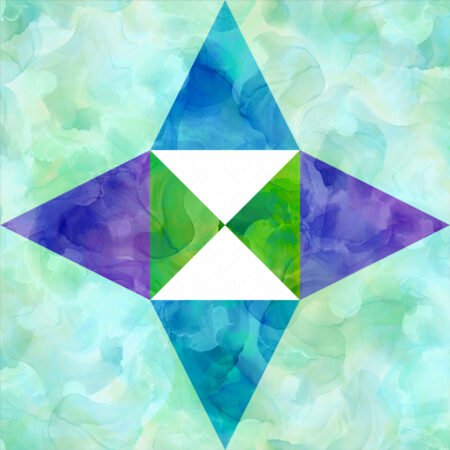 Top US quilting blog and shop, Kate Colleran Designs, shares about her Allure BOM quilt and tips for Block 4! Image is a star quilt block in aura, green, purple, white and teal.