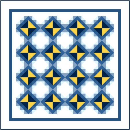 Top US quilting blog and shop, Kate Colleran Designs, shares about the August remix of Corn and Beans quilt block! Image is of a quilt using blocks with triangles and yellow, multiple shades of dark blue to light blue and white. Quilt borders are white and a skinny dark blue.