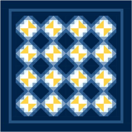 Top US quilting blog and shop, Kate Colleran Designs, shares about the August remix of Corn and Beans quilt block! Image is of a quilt using blocks with triangles and yellow, multiple shades of dark blue to light blue and white. Quilt borders are 2 different dark blues.