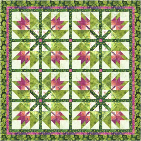 Top US quilting blog and shop, Kate Colleran Designs, shares about her September Block Remix challenge and her new block! Image is of a quilt using the maple leaf in a maple leaf quilt blocks made in green, orange pink and purple batiks.