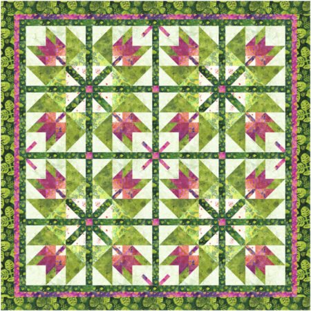 Top US quilting blog and shop, Kate Colleran Designs, shares about her September Block Remix challenge and her new block! Image is of a quilt using the maple leaf in a maple leaf quilt blocks with the slash detail made in green, orange pink and purple batiks.