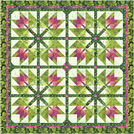 Top US quilting blog and shop, Kate Colleran Designs, shares about her September Block Remix challenge and her new block! Image is of a quilt using the maple leaf in a maple leaf quilt blocks with the corner triangle detail made in green, orange pink and purple batiks.