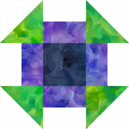 Top US quilting blog and shop, Kate Colleran Designs, shares about the Allure BOM quilt Block 6 and tips! Image is a green, purple, and white pieced quilt block with a deep blue center square.