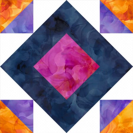 Top US quilting blog and shop, Kate Colleran Designs, shares about her Allure BOM quilt pattern and tips for Block 9 and setting.  Image is of a quilt block in purple, blue, pink and orange tone on tone fabrics with white.