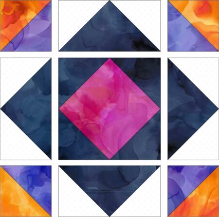 Top US quilting blog and shop, Kate Colleran Designs, shares about her Allure BOM quilt pattern and tips for Block 9 and setting.  Image is of a quilt block broken into sections in purple, blue, pink and orange tone on tone fabrics with white.