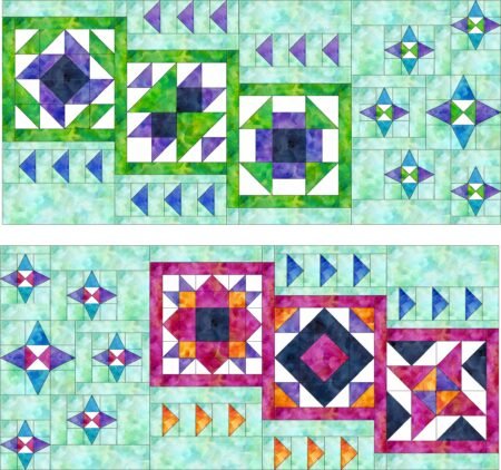 Top US quilting blog and shop, Kate Colleran Designs, shares about her Allure BOM quilt pattern and tips for Block 9 and setting.  Image is of 2 sections of the modern row quilt with aqua background and blocks in green, purple, blue, pink and orange tone on tone fabrics with white.