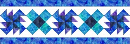 Top US quilting blog and shop, Kate Colleran Designs, shares about her Allure BOM quilt pattern and tips for Block 9 and setting.  Image is of a section of the modern row quilt with aqua background and blocks in purple, aqua and blue tone on tone fabrics with white.