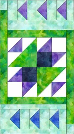 Top US quilting blog and shop, Kate Colleran Designs, shares about her Allure BOM quilt pattern and tips for Block 9 and setting.  Image is of a section of the modern row quilt with aqua background and blocks in green, purple, blue tone on tone fabrics with white.