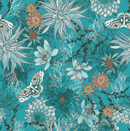 Top US quilting blog and shop, Kate Colleran Designs, shares about her new Chalk Hill Blue quilt pattern! Image is a fabric with dahlias and butterflies in teal with white and orange.