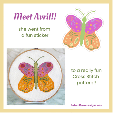 Top US quilting blog and shop, Kate Colleran Designs, shares about her Christmas in July posts and a last giveaway for the month! Image shows a pink and orange butterfly as both cross stitch and a sticker.