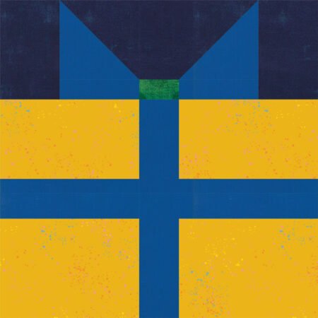 Top US quilting blog and shop, Kate Colleran Designs, shares about Block 4 Gifts Galore in the Jingle Bell Pines BOM Block Party! Image is a gift quilt block in blue, yellow and navy blue.