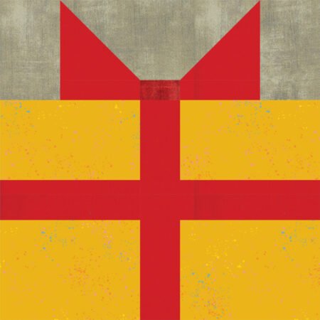 Top US quilting blog and shop, Kate Colleran Designs, shares about Block 4 Gifts Galore in the Jingle Bell Pines BOM Block Party! Image is a gift quilt block in red, yellow and khaki.