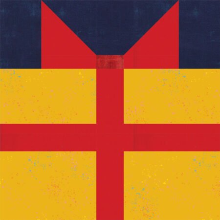 Top US quilting blog and shop, Kate Colleran Designs, shares about Block 4 Gifts Galore in the Jingle Bell Pines BOM Block Party! Image is a gift quilt block in red, yellow and navy blue.